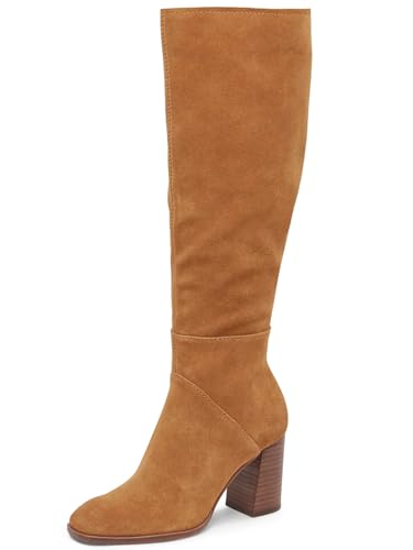 Coutgo Womens Knee High Boots Square Toe Chunky Block Heel Side Zipper Faux Suede Long Boots Fall Winter Shoes