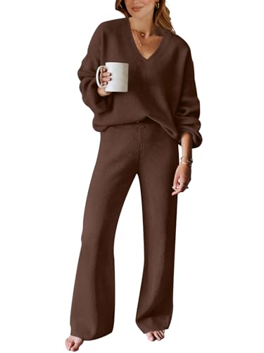 ANRABESS Women 2 Piece Outfits Sweater Lounge Sets Long Sleeve Cable Knit Pullover and Wide Leg Pants Tracksuit Matching Set