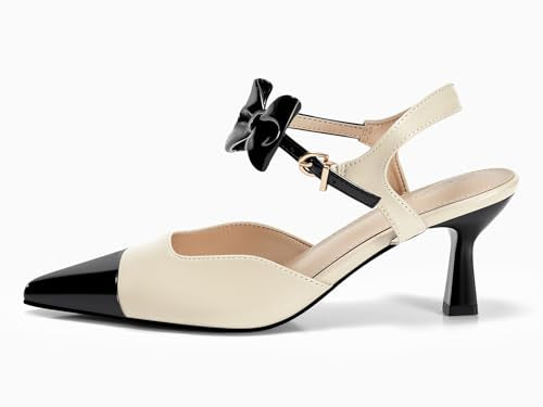 Coutgo Womens Kitten Heels Dress Shoes Closed Pointed Toe Ankle Strap Bow Pumps