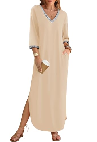 ZESICA Womens Dresses 2024 Causal 3/4 Sleeve V Neck Loose Fit Split Beach Long Maxi Dress with Pockets