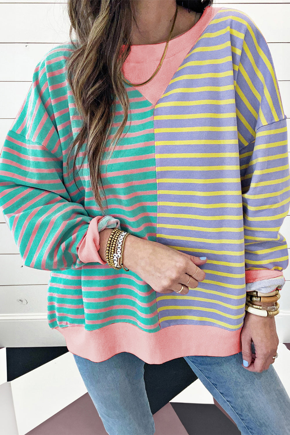 Green Stripe Casual Stripe Colorblock Drop Shoulder Oversize Sweatshirt