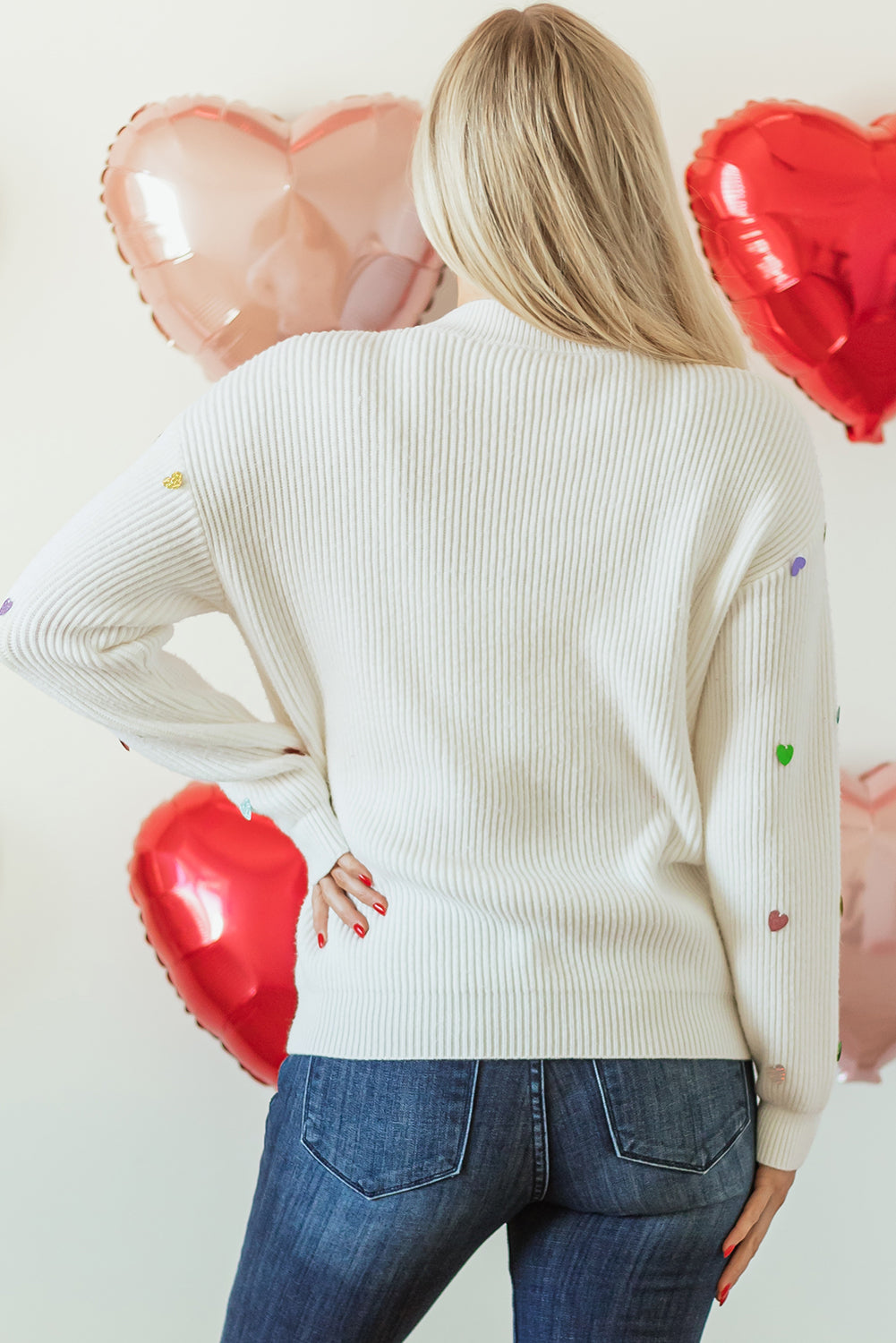 Heart Sequin Round Neck Long Sleeve Sweater