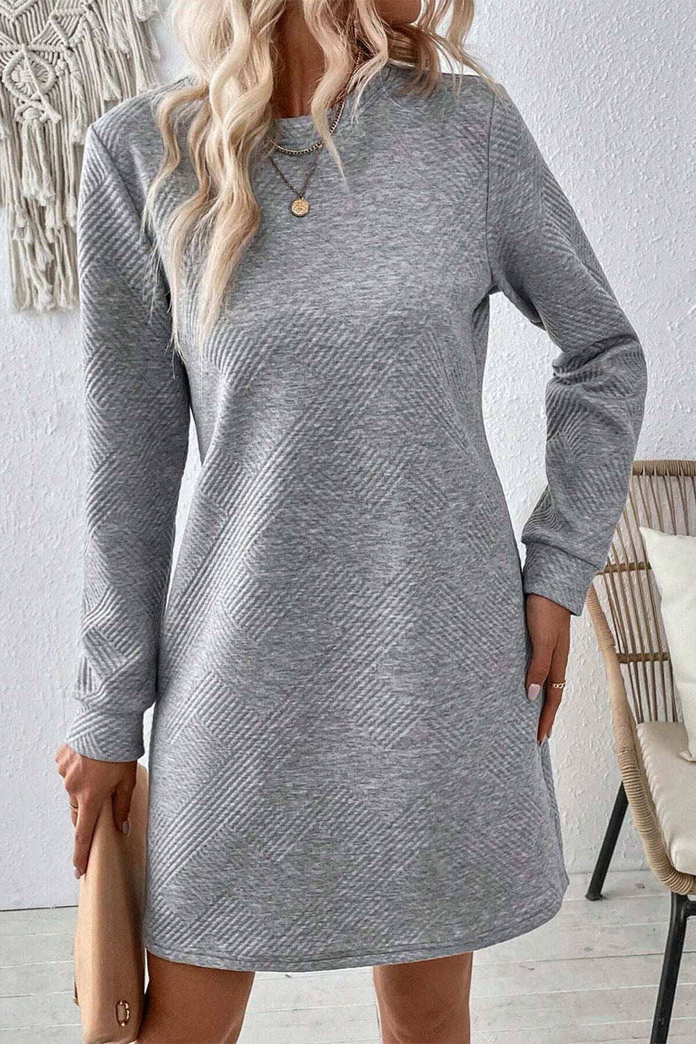 Apricot Solid Color Textured Long Sleeve Shift Dress