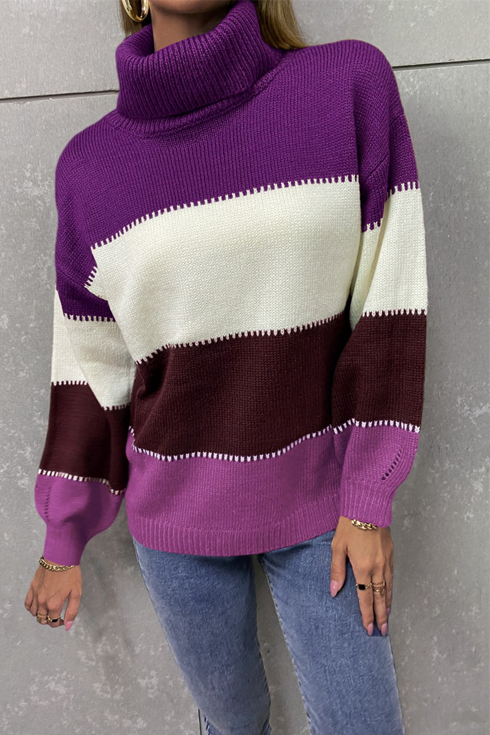 Angel Wings Color Block Lantern Sleeve Turtleneck Sweater