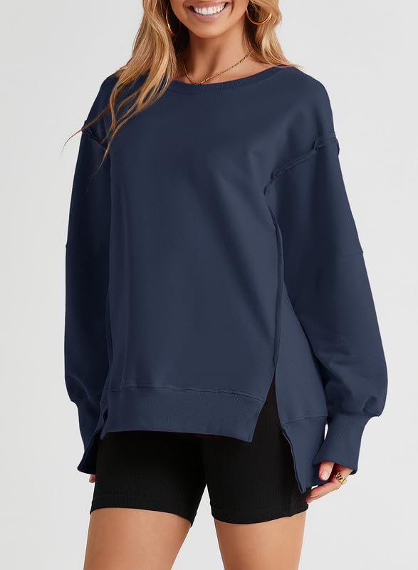 SHEWIN Womens Oversized Reverse Seam Sweatshirt Casual Long Sleeve Crewneck Lightweight Pullover Tops Loose Sweatshirts