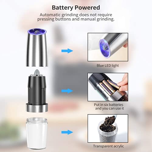 Electric Salt and Pepper Grinder set of 2, Automatic Salt and Pepper Mill Grinder, Adjustable Roughness, Battery Powered with Blue LED Light, Stainless Steel with One Hand Operation (Sliver)