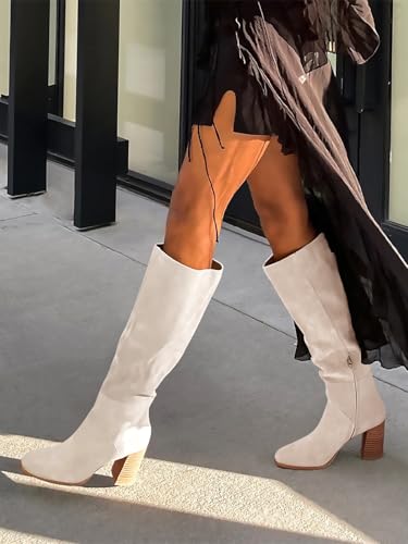 Coutgo Womens Knee High Boots Square Toe Chunky Block Heel Side Zipper Faux Suede Long Boots Fall Winter Shoes