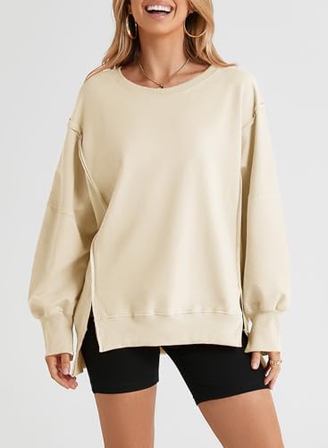 SHEWIN Womens Oversized Reverse Seam Sweatshirt Casual Long Sleeve Crewneck Lightweight Pullover Tops Loose Sweatshirts