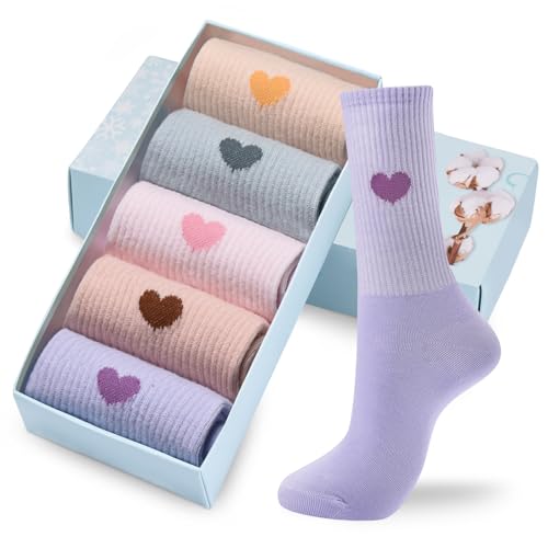 Corlap Women's Crew Calf Cotton Socks Long Fun Cute Heart Soft Dress Socks,Above Ankle High Casual Socks(5Pairs Gifts Box)
