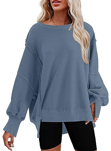 SHEWIN Womens Oversized Reverse Seam Sweatshirt Casual Long Sleeve Crewneck Lightweight Pullover Tops Loose Sweatshirts