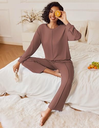 Ekouaer Pajama Sets for Women 2 Piece Lounge Sets Long Sleeve Sleepwear Top and Pants Cozy Pjs Loungewear with Pockets S-XXL