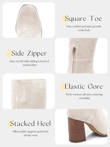 Coutgo Womens Knee High Boots Square Toe Chunky Block Heel Side Zipper Faux Suede Long Boots Fall Winter Shoes