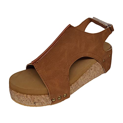 Wedge Sandals for Women Dressy Summer, Womens Open Toe Espadrilles Platform Sandals Buckle Ankle Strap Wedge Sandals Leather Sandals Casual Low Wedges Walking Strappy Slip on Sandals (A-Coffee, 9.5)