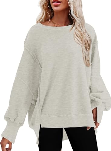 SHEWIN Womens Oversized Reverse Seam Sweatshirt Casual Long Sleeve Crewneck Lightweight Pullover Tops Loose Sweatshirts