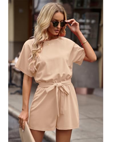 Vetinee Womens Summer Belted Romper Keyhole Back Short Sleeve Jumpsuit Playsuit