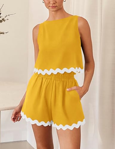 PRETTYGARDEN Women's 2 Piece Beach Vacation Outfits Casual Cropped Tank Top High Waist Shorts Set Tracksuit