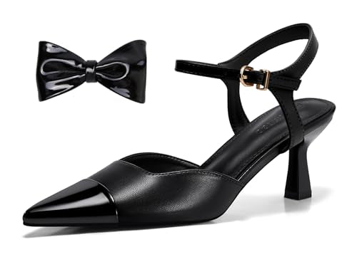 Coutgo Womens Kitten Heels Dress Shoes Closed Pointed Toe Ankle Strap Bow Pumps