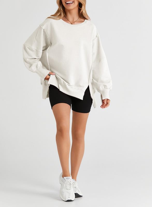 SHEWIN Womens Oversized Reverse Seam Sweatshirt Casual Long Sleeve Crewneck Lightweight Pullover Tops Loose Sweatshirts
