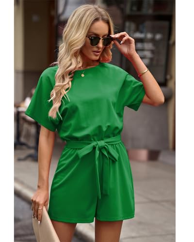 Vetinee Womens Summer Belted Romper Keyhole Back Short Sleeve Jumpsuit Playsuit