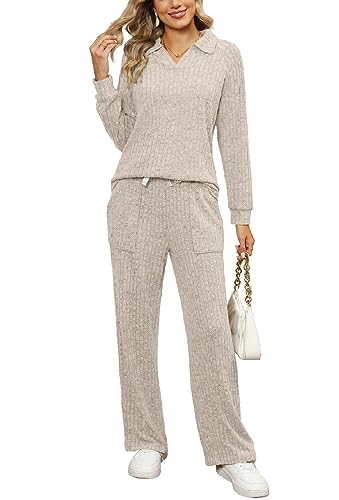 WIHOLL 2 Piece Sets for Women Loungewear Wide Leg Pants Sweatsuits Collar V Neck Pajama Matching Sets