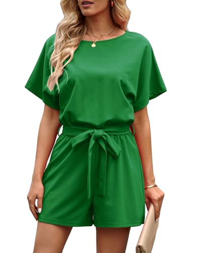 Vetinee Womens Summer Belted Romper Keyhole Back Short Sleeve Jumpsuit Playsuit