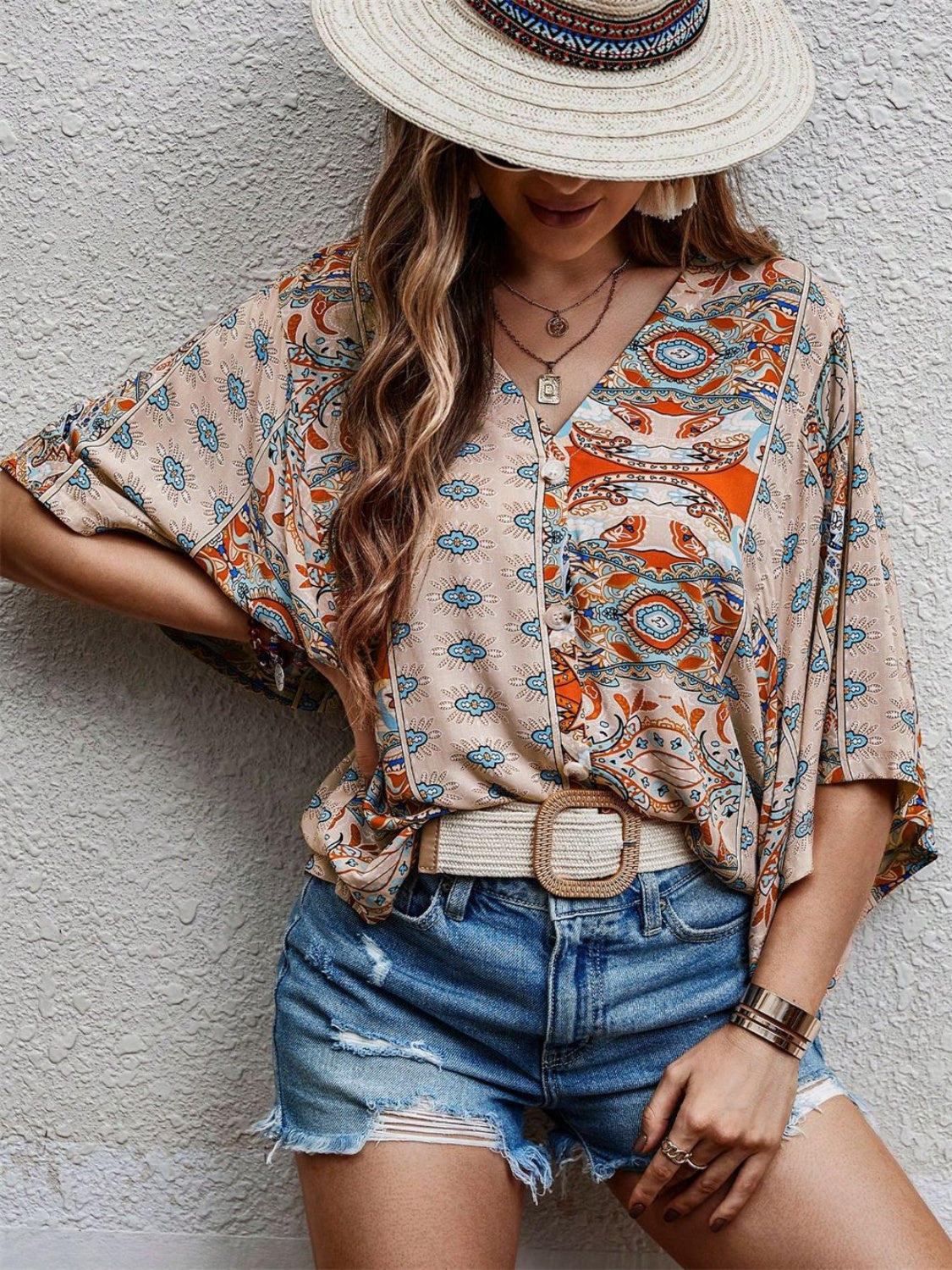 Printed V-Neck Three-Quarter Sleeve Blouse