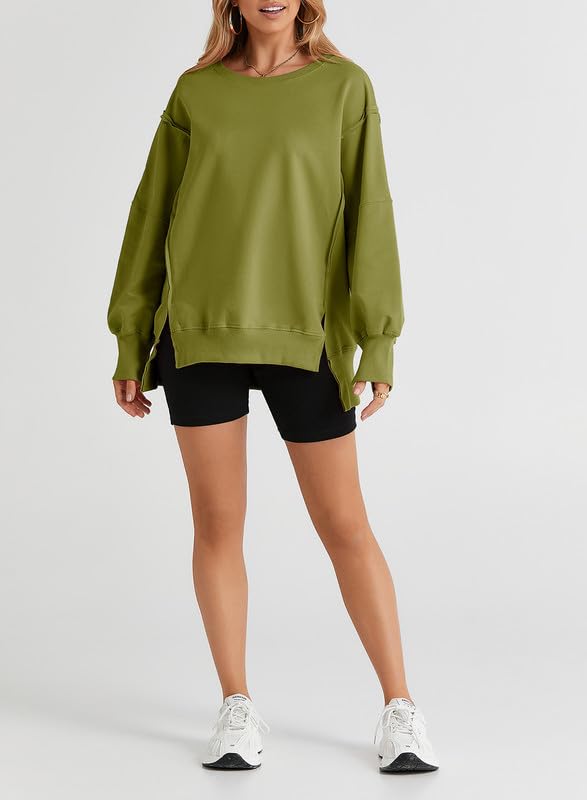 SHEWIN Womens Oversized Reverse Seam Sweatshirt Casual Long Sleeve Crewneck Lightweight Pullover Tops Loose Sweatshirts
