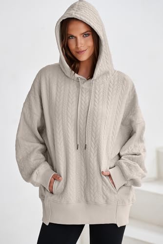 AlvaQ Womens Oversized Hoodies Fall Winter Casual Quilted Long Sleeve Drawstring Hooded Pocketed Sweatshirts Pullover Top