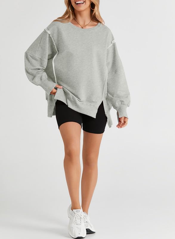 SHEWIN Womens Oversized Reverse Seam Sweatshirt Casual Long Sleeve Crewneck Lightweight Pullover Tops Loose Sweatshirts