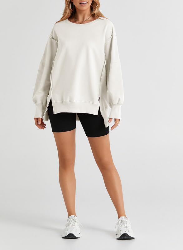 SHEWIN Womens Oversized Reverse Seam Sweatshirt Casual Long Sleeve Crewneck Lightweight Pullover Tops Loose Sweatshirts