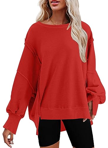SHEWIN Womens Oversized Reverse Seam Sweatshirt Casual Long Sleeve Crewneck Lightweight Pullover Tops Loose Sweatshirts