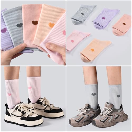 Corlap Women's Crew Calf Cotton Socks Long Fun Cute Heart Soft Dress Socks,Above Ankle High Casual Socks(5Pairs Gifts Box)