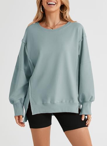 SHEWIN Womens Oversized Reverse Seam Sweatshirt Casual Long Sleeve Crewneck Lightweight Pullover Tops Loose Sweatshirts