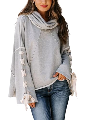 CHARTOU Women's Slouchy Hoodie Oversized Lace Up Flared Sleeve Stacked Cowl Collar Sweatshirt Tops