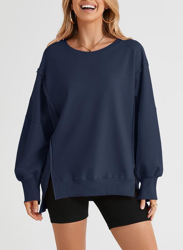 SHEWIN Womens Oversized Reverse Seam Sweatshirt Casual Long Sleeve Crewneck Lightweight Pullover Tops Loose Sweatshirts