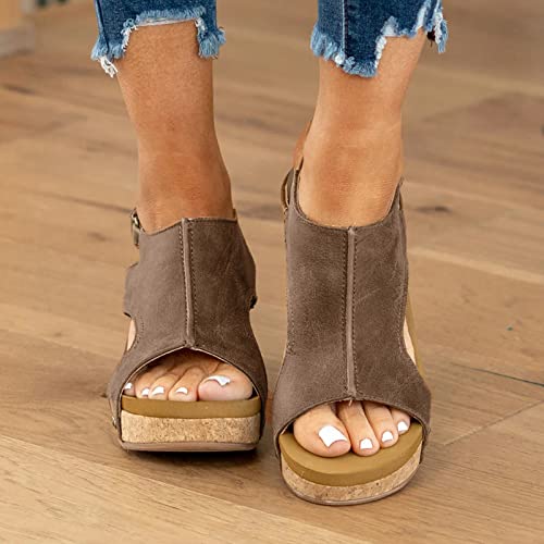 Wedge Sandals for Women Dressy Summer, Womens Open Toe Espadrilles Platform Sandals Buckle Ankle Strap Wedge Sandals Leather Sandals Casual Low Wedges Walking Strappy Slip on Sandals (A-Coffee, 9.5)