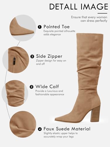 PiePieBuy Womens Faux Suede Knee High Boots Pointed Toe High Chunky Heel Side Zipper Party Dress Booties