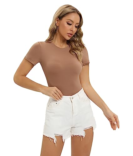 SHAPERX Women's Fit Everybody Bodysuit Soft Crew Neck T-shirt Body Suits with Thong Design