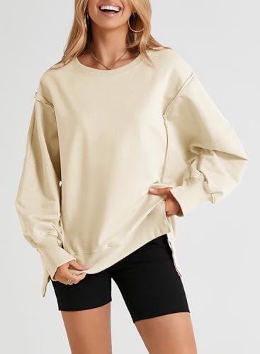 SHEWIN Womens Oversized Reverse Seam Sweatshirt Casual Long Sleeve Crewneck Lightweight Pullover Tops Loose Sweatshirts