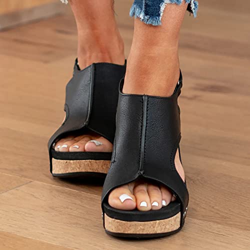 Wedge Sandals for Women Dressy Summer, Womens Open Toe Espadrilles Platform Sandals Buckle Ankle Strap Wedge Sandals Leather Sandals Casual Low Wedges Walking Strappy Slip on Sandals (A-Coffee, 9.5)