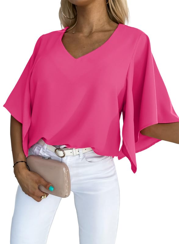 SHEWIN Women's Blouses Casual V Neck Ruffle Short Sleeve Summer Tops Shirts