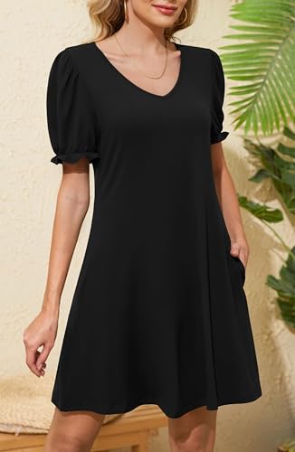 Women's Casual Dresses Puff Short Sleeve V-Neck Cocktail Dress with Pockets