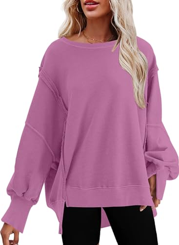 SHEWIN Womens Oversized Reverse Seam Sweatshirt Casual Long Sleeve Crewneck Lightweight Pullover Tops Loose Sweatshirts