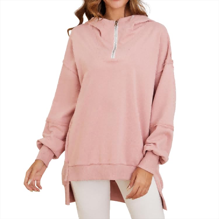 Women’s Quarter Zip Hoodies Long Sleeve Side Slit Sweatshirts Loose Drop Shoulder Drawstring Hooded Pullover Top