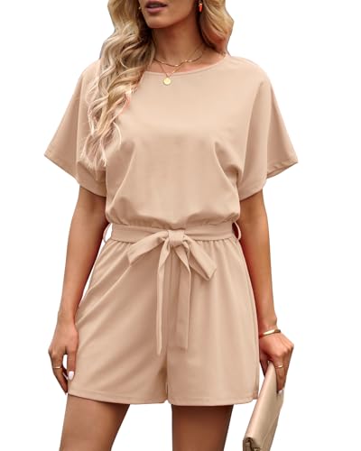 Vetinee Womens Summer Belted Romper Keyhole Back Short Sleeve Jumpsuit Playsuit