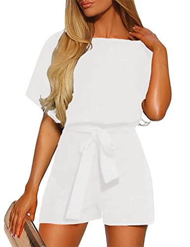 Vetinee Womens Summer Belted Romper Keyhole Back Short Sleeve Jumpsuit Playsuit