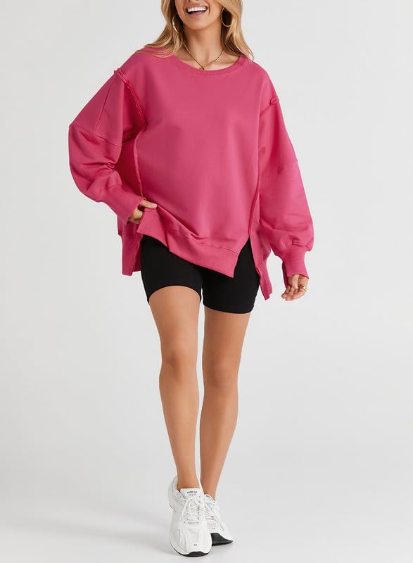 SHEWIN Womens Oversized Reverse Seam Sweatshirt Casual Long Sleeve Crewneck Lightweight Pullover Tops Loose Sweatshirts