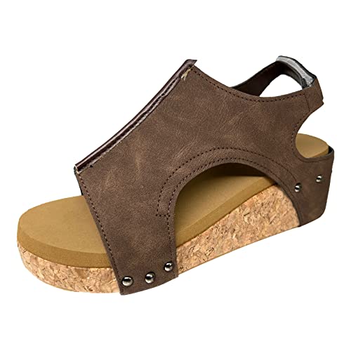 Wedge Sandals for Women Dressy Summer, Womens Open Toe Espadrilles Platform Sandals Buckle Ankle Strap Wedge Sandals Leather Sandals Casual Low Wedges Walking Strappy Slip on Sandals (A-Coffee, 9.5)