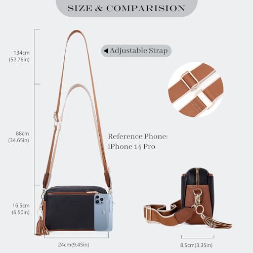 Triple Zip Small Crossbody Bag for women,Wide Strap Cell Phone Purse Shoulder Handbag Wallet with Credit Card Slots