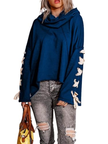 CHARTOU Women's Slouchy Hoodie Oversized Lace Up Flared Sleeve Stacked Cowl Collar Sweatshirt Tops